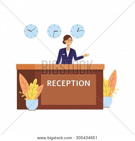 Hotel Receptionist At Front Desk Lobby Room, Happy Cartoon Woman In Uniform At Reception Counter Wit