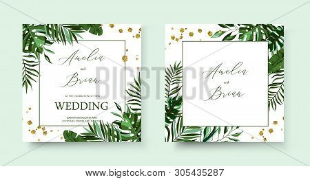 Wedding Tropic Exotic Summer Golden Frame Invitation Card Save The Date With Greenery Fan Palm Leaf 