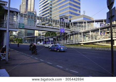 Jakarta, Indonesia, June 9 2019 : Modern Pedestrian Bridge Across The Road At M. H Thamrin Street In