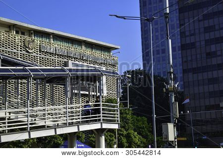 Jakarta, Indonesia, June 9 2019 : Modern Pedestrian Bridge Across The Road At M. H Thamrin Street In