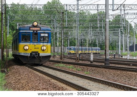 Gdynia, Pomerania Region / Poland - 2019: Passenger Trains Moving On The Railway Track