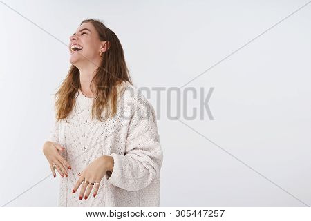 Studio Shot Amused Happy Attractive Modern Woman Having Fun Laughing Joking Friendly Company Raising