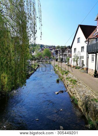 Beautiful View Of Historic Traditional Houses In Old Town In Europe With Blue Sky And Clouds In Summ