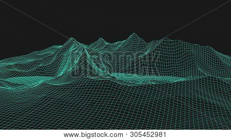 Vector Wireframe 3D Landscape. Technology Grid Illustration.