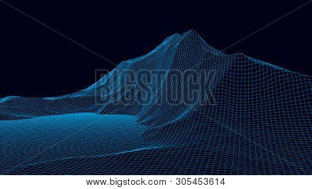 Vector Wireframe 3D Landscape. Technology Grid Illustration.
