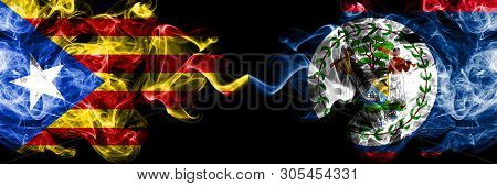 Catalonia Vs Belize, Belizean Smoke Flags Placed Side By Side. Thick Colored Silky Smoke Flags Of Ca