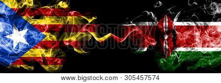 Catalonia Vs Kenya, Kenyan Smoke Flags Placed Side By Side. Thick Colored Silky Smoke Flags Of Catal