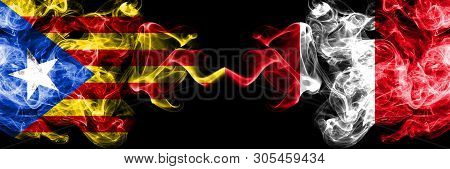Catalonia Vs Peru, Peruan Smoke Flags Placed Side By Side. Thick Colored Silky Smoke Flags Of Catalo
