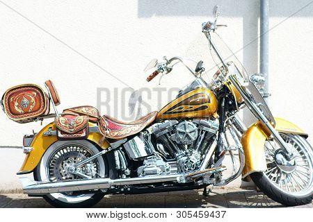 Mainz, Germany - May 24: The Side View Of A Gold-painted Harley Davidson Screamin Eagle Motorcycle O