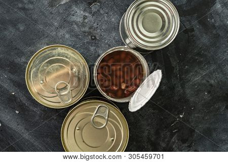 Opened Tin Can On The Table Without Leftovers From The Food, Meal Concervations