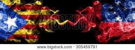 Catalonia Vs Samoa, Samoan Smoke Flags Placed Side By Side. Thick Colored Silky Smoke Flags Of Catal