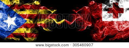 Catalonia Vs Tonga, Tongan Smoke Flags Placed Side By Side. Thick Colored Silky Smoke Flags Of Catal