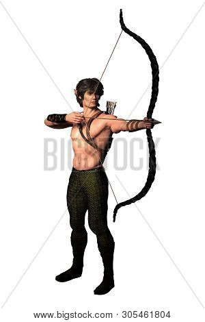 Elf Archer Man With Bow And Arrow , 3d Illustration, 3d Rendering