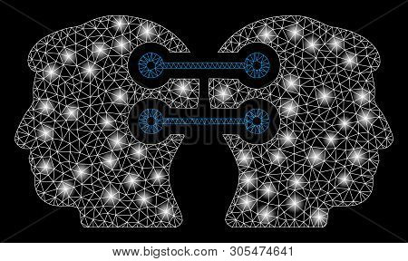Bright Mesh Dual Heads Interface Connection With Glare Effect. Abstract Illuminated Model Of Dual He