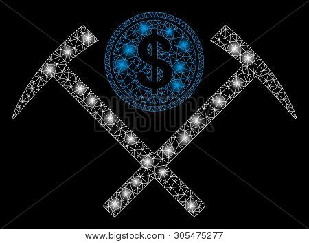 Bright Mesh Dollar Mining Hammers With Glow Effect. Abstract Illuminated Model Of Dollar Mining Hamm