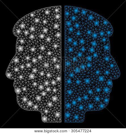 Bright Mesh Dual Face With Glow Effect. Abstract Illuminated Model Of Dual Face Icon. Shiny Wire Car