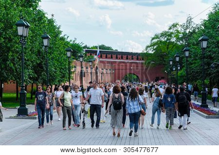 Moscow, Russia - May, 20, 2019: pedestrians in Aleksandrovskiy sad (Aleksandr garden) in Moscow 
