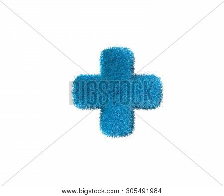 Plus Of Blue Comical Hairy Alphabet Isolated On White Background, Kids Concept 3d Illustration Of Sy