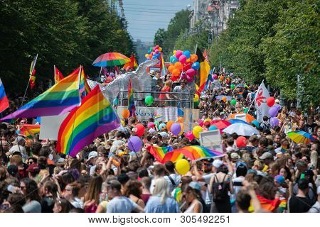 Vilnius, Lithuania - June 8Th, 2019: Big Crowd Of People Supporting Lgbt Community In Baltic Pride E