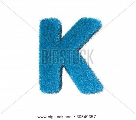 Letter K Of Blue Lovely Hairy Font Isolated On White Background, Kids Concept 3d Illustration Of Sym