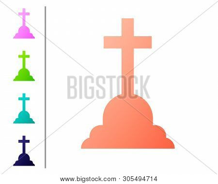 Coral Tombstone With Cross Icon Isolated On White Background. Grave Icon. Set Icon In Color Buttons.