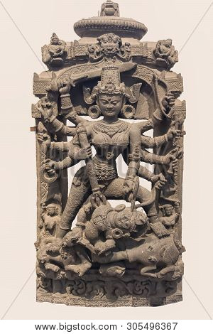 Archaeological Sculpture Of Mahisasuramardini From Indian Mythology Of Twelfth Century, Chlorite, Ma