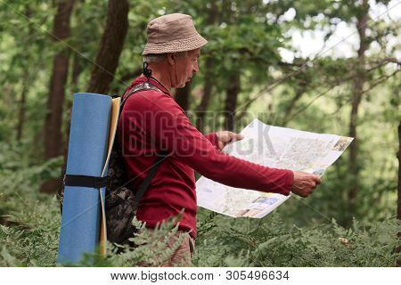Image Of Old Man Traveling, Having Active Rest, Spending His Vocation Backpacking, Standing With Map