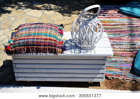 Sivota, Greece - August 12, 2018: A Lot Of Stuffs For Relax In Greek Town Sivota.