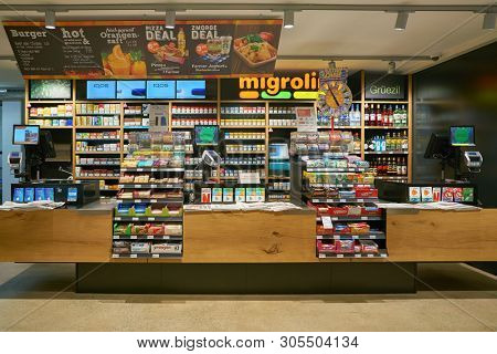 ZURICH, SWITZERLAND - CIRCA OCTOBER, 2018: interior shot of Migrolino convenience store.