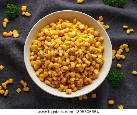 Sweet Corn In White Bowl. Healthy Food
