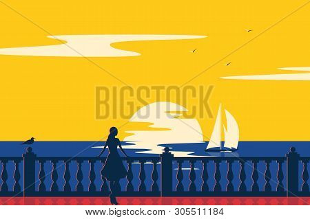 Woman On The Promenade On The Seashore Looks At The Sailboat. Nature Landscape And Seascape. Vintage