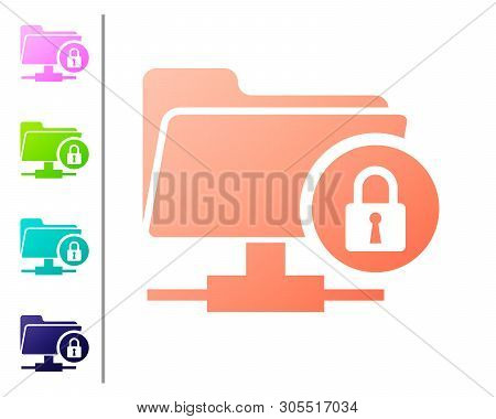 Coral Ftp Folder And Lock Icon Isolated On White Background. Concept Of Software Update, Ftp Transfe