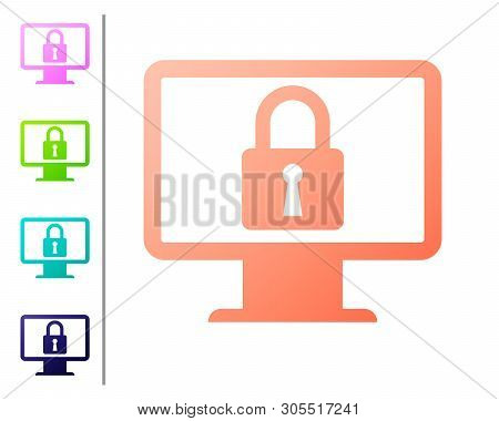 Coral Lock On Computer Monitor Screen Icon Isolated On White Background. Monitor And Padlock. Securi