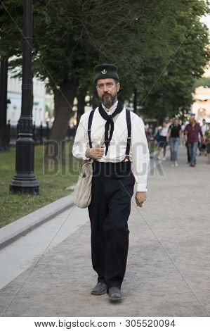 Moscow, Russia - June 7, 2019: Male Reconstructor In Military Uniform Of The Times Of The Defense Of