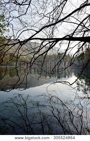 View Of The Evening Blue Lake With Autumn Tree Branches In The Cherek Gorge In The Mountains Of The 
