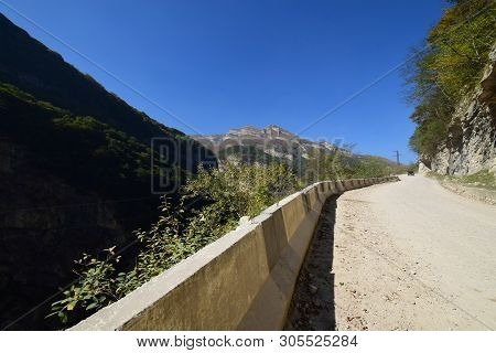 Mountain Road Through The Gorge With Railings In The Cherek Gorge In The Mountains Of The North Cauc
