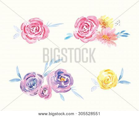 Hand-painted Watercolor Floral Rose Pattern. Illustration Of Decorative Floral Design For Wedding In