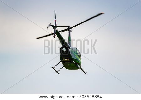 Balashikha, Moscow Region, Russia - May 25, 2019: Helicopter Robinson R44 Raven Ra-07368 Flies Again