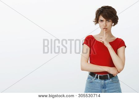 Shut Up Now. Angry Serious-looking Furious Female Frowning Scary Grimace Hush Hold Index Finger Mout
