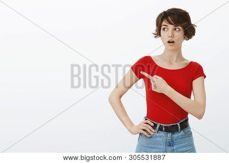 Omg What That. Shoked Stunned Intense Caucasian Woman Short Pixie Haircut Drop Jaw Gasping Carefully