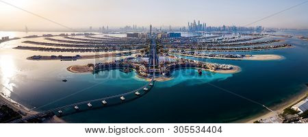 The Palm Island Panorama With Dubai Marina Rising In The Background Aerial View