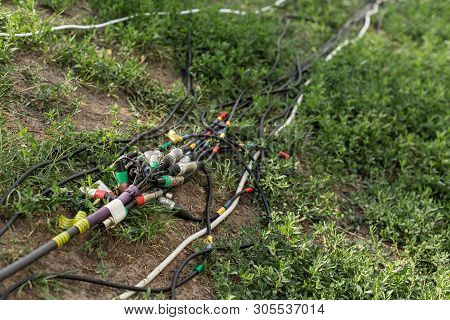 Connectors For Music And Microphone For A Festive Party. Wires With Connectors Xlr Lie On The Ground