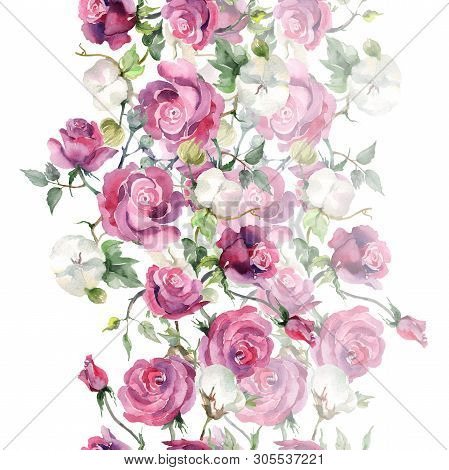 Pink Rose And Cotton Bouquet Botanical Flowers. Watercolor Background Illustration Set. Seamless Bac
