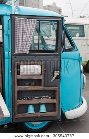 Scheveningen, The Hague, The Netherlands - 1960s Style Vw Classic Combi Camper Parked At Scheveninge