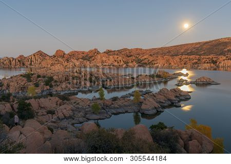 The Full Moon Rising Over Scenic Watson Lake Prescott Arizona