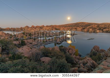 The Full Moon Rising Over Scenic Watson Lake Prescott Arizona