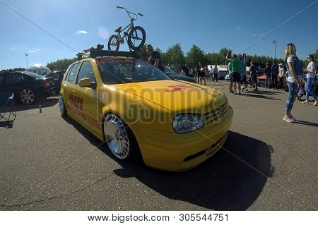 Moscow, Russia - June 01, 2019: Yellow Tuned Volkswagen Golf 4 In The Colors Of The Company Dhl In T