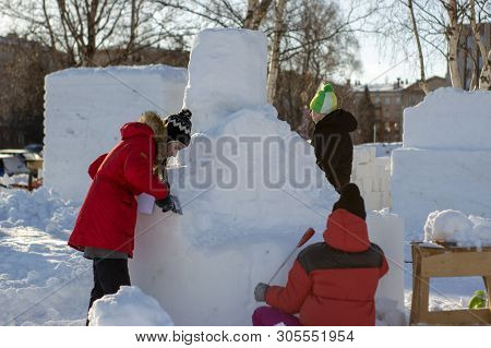 Petrozavodsk, Russia - 13 February 2019. People Create Snow Sculptures