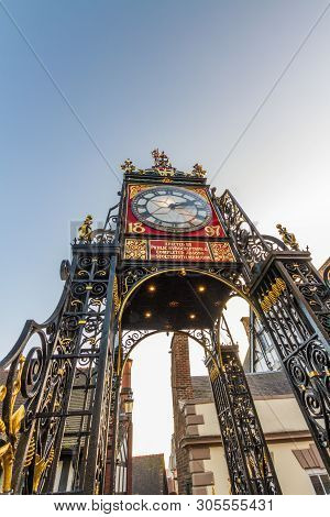 The Eastgate Clock, Victorian Clock In Chester, England, Portrait, Against Blue Sky, Wide Angle, Cop