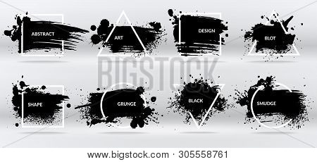 Ink Blots. Abstract Shapes, Frames With Black Brushstroke Grunge Texture. Isolated Border On Inkblot